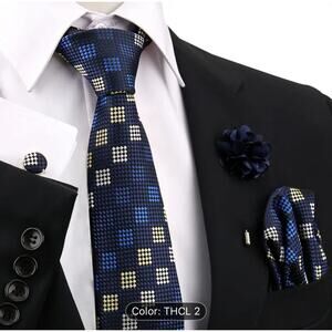 Men’s Silk Coordinated Tie Set - Blue with Blue White Squared